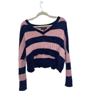 Heart Soul Pink & Navy Striped V-Neck Sweater Cropped